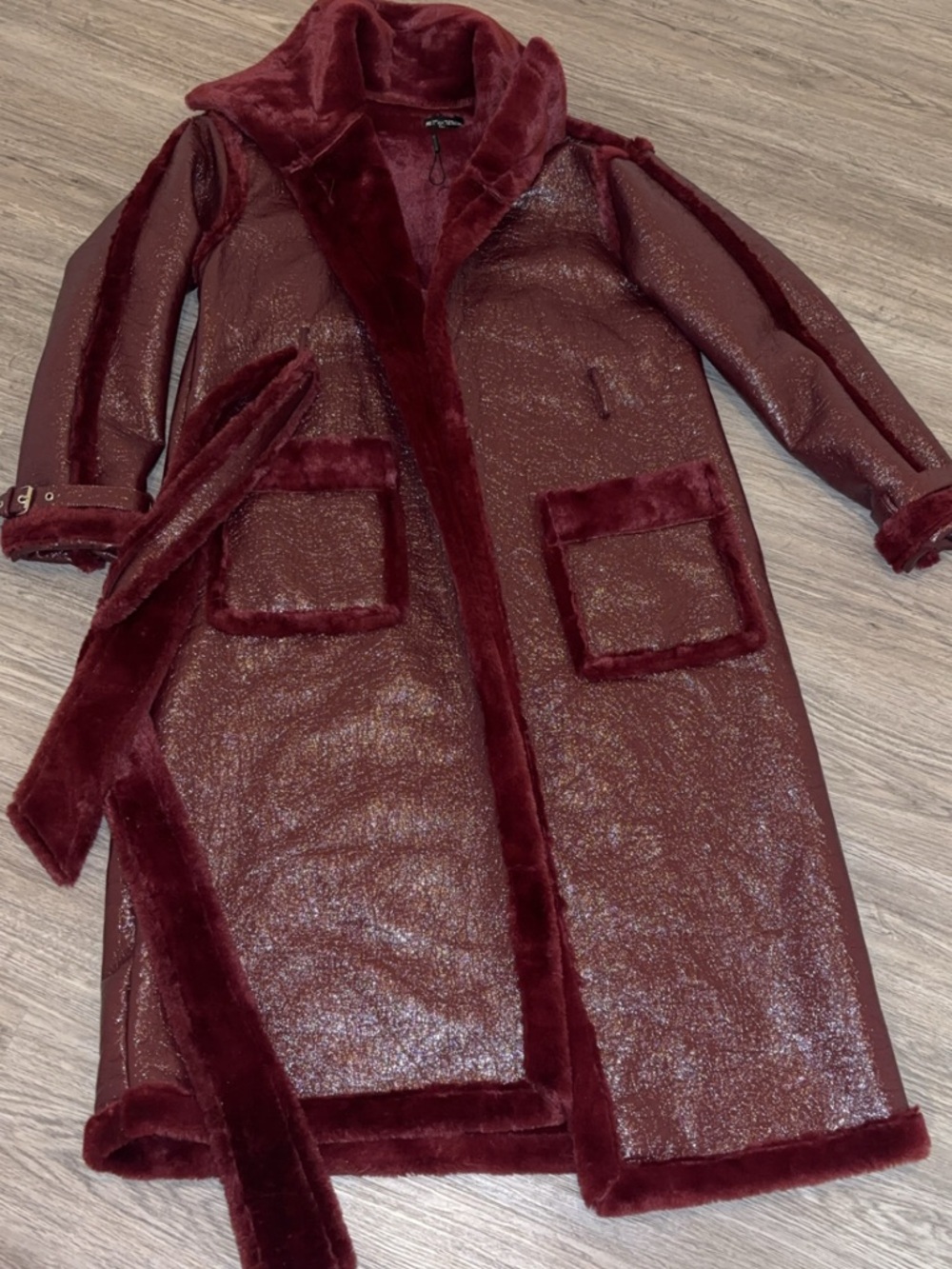PrettyLittleThing Burgundy Faux Shearling Trim Trench Coat